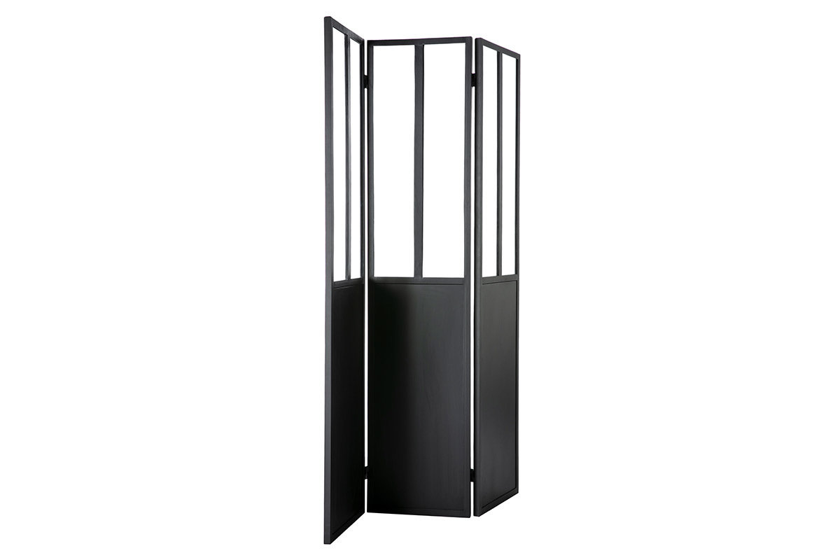 Verrire atelier paravent industriel en mtal noir et verre 3 vantaux L120 cm RACK