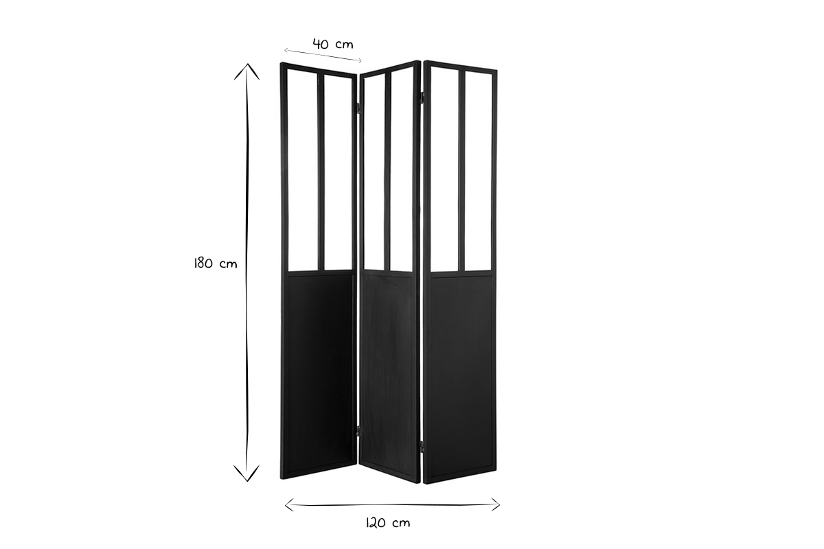 Verrire atelier paravent industriel en mtal noir et verre 3 vantaux L120 cm RACK